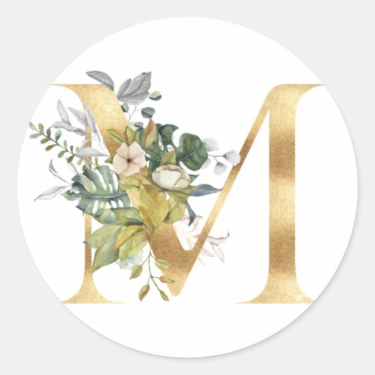 Floral Monogramm in Gold Klassischer Rundsticker Runder Aufkleber (Vorderseite)