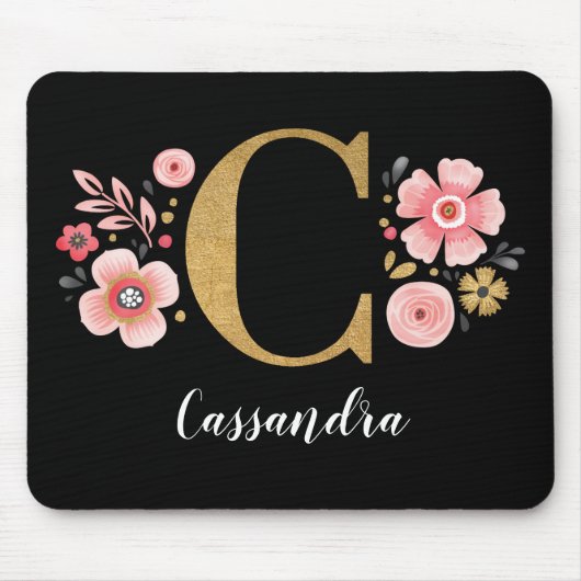 Floral Monogramm Initial Pink Black Letter C Mousepad (Vorne)