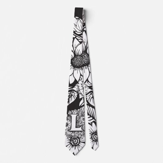 Floral Monogramm "L" Blume Schwarz und Weiß Krawatte (Vorderseite)