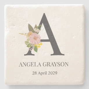 Floral Monogramm Letter A Individuelle Name und Da Steinuntersetzer