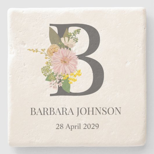 Floral Monogramm Letter B Individuelle Name und Da Steinuntersetzer (Vorderseite)