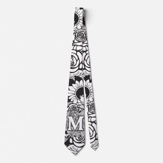 Floral Monogramm "M" Schwarz-Weiß-Tattoo-Blume Krawatte (Vorderseite)