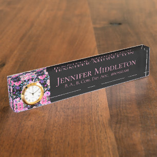 Floral Monogramm Personalisiert rosa Schwarz Namensplakette