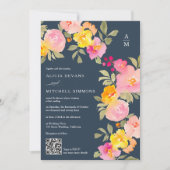 Floral Monogramm Qr Code Foto Blaue Hochzeit Einladung (Vorderseite)