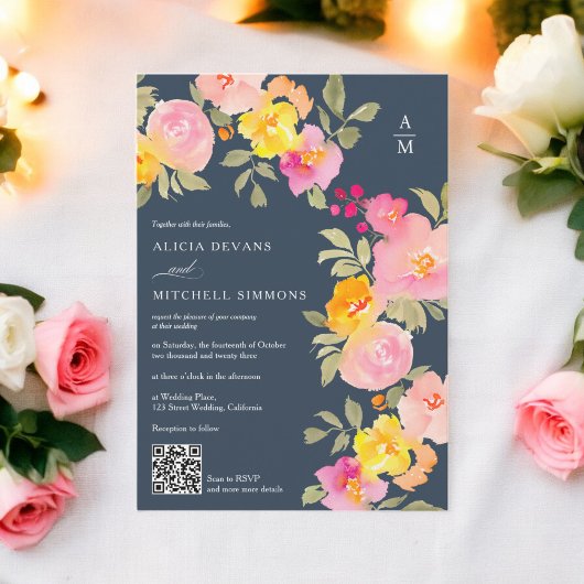 Floral Monogramm Qr Code Foto Blaue Hochzeit Einladung