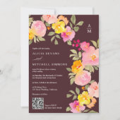 Floral Monogramm Qr Code Foto braune Hochzeit Einladung (Vorderseite)