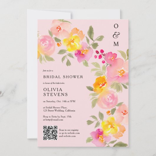 Floral Monogramm Qr Foto rosa Brautparty Einladung (Vorderseite)