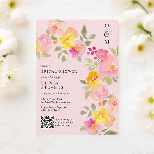 Floral Monogramm Qr Foto rosa Brautparty Einladung