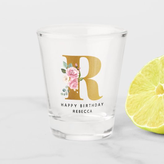 Floral Monogramm R Geburtstag Personalisierter Nam Schnapsglas (Vorderseite)