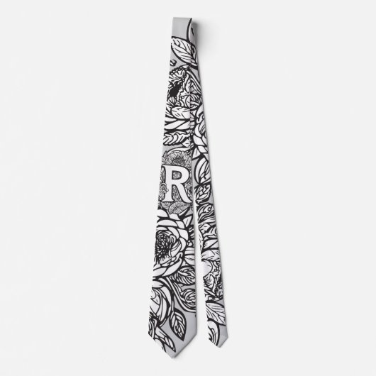Floral Monogramm "R" Schwarz-Weiß-Tattoo-Blume Krawatte (Vorderseite)