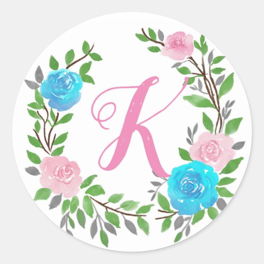 Floral Monogramm Runder Aufkleber (Vorderseite)