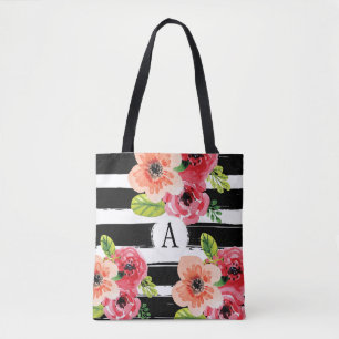 Floral Monogrammatioe Schwarz-weiße Streifen Tas Tasche