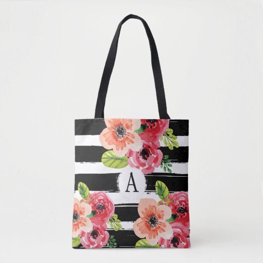 Floral Monogrammatioe Schwarz-weiße Streifen | Tas Tasche (Vorderseite)