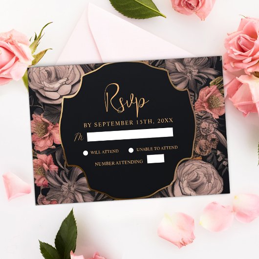 Floral Moody Dark Skull Black Gothic Wedding RSVP Karte