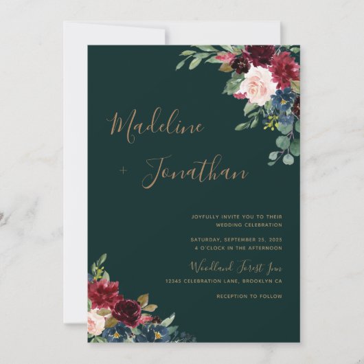 Floral Moody Emerald Green Jewel Tone Wedding Einladung (Vorderseite)