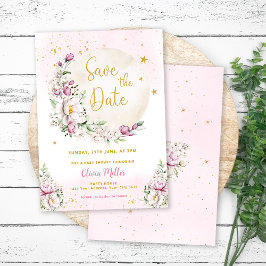 Floral Moon Pink Babydusche Save the Date Karte