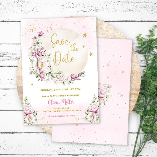 Floral Moon Pink Babydusche Save the Date Karte