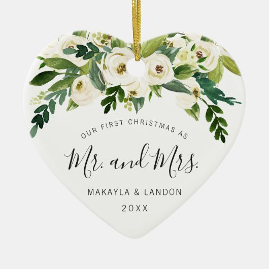 Floral Mr. und Mrs. Foto Unsere ersten Weihnachten Keramik Ornament (Vorne)
