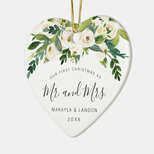 Floral Mr. und Mrs. Foto Unsere ersten Weihnachten Keramik Ornament (Links)