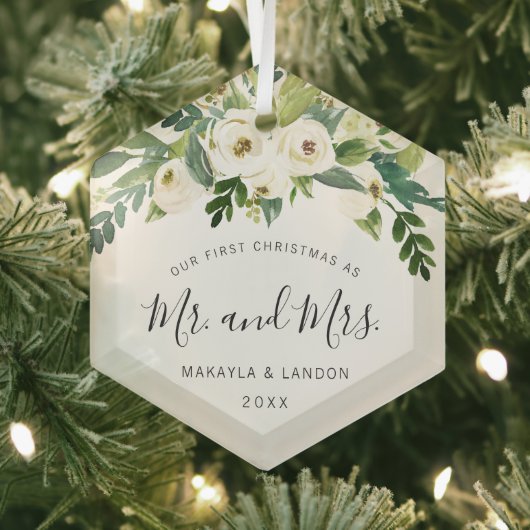 Floral Mr. und Mrs. Foto Unsere ersten Weihnachten Ornament Aus Glas (Insitu)