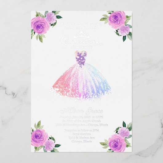 Floral Multicolor Quinceanera Folieneinladung (Vorderseite)