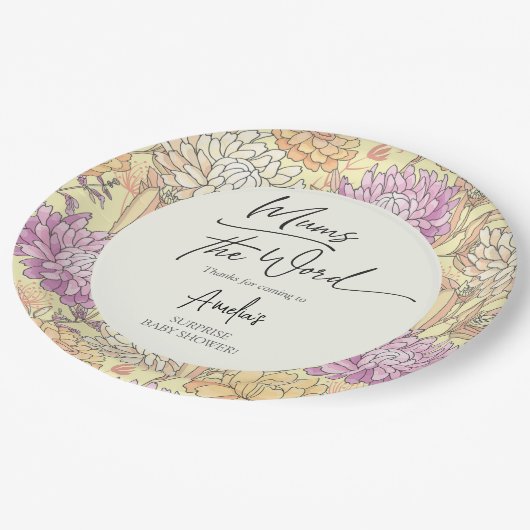 Floral Mum's the Word Surprise Baby Shower Pappteller (Schrägansicht)