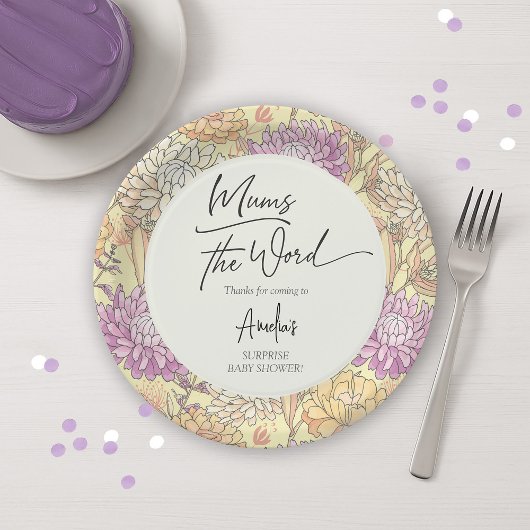 Floral Mum's the Word Surprise Baby Shower Pappteller