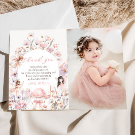 Floral Mushroom Fairy First Birthday Photo Dankeskarte