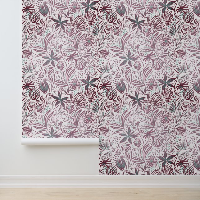 Floral Muster Retro Dark Plum Tapete (Anwendung)