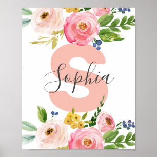Floral Name Girl Baby Personalisiert Boho Kinderzi Poster