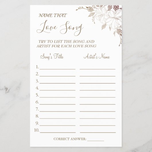 Floral Name that love song shower game card Flyer (Vorne)