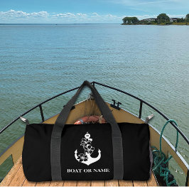 Floral Nautical Anchor Custom Boat Name Black Duffle Bag