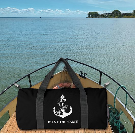 Floral Nautical Anchor Custom Boat Name Black Duffle Bag