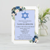 Floral Navy Blue Gold Star von David Bar Mitzvah Einladung (Stehend Vorderseite)