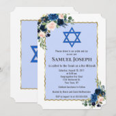 Floral Navy Blue Gold Star von David Bar Mitzvah Einladung (Vorne/Hinten)