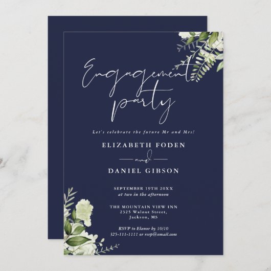 Floral Navy Blue Script Engagement Party Einladung (Vorne/Hinten)