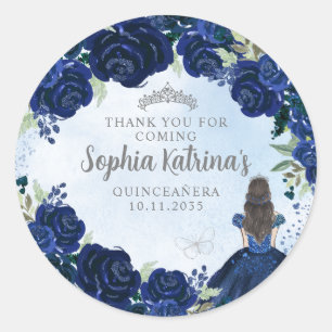 Floral Navy Blue Silver Quinceanera Geburtstagsfav Runder Aufkleber