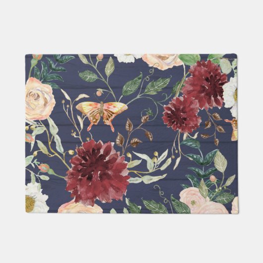 Floral Navy Burgundy Rustic Wood w Leaf Foliage Fußmatte (Vorderseite)
