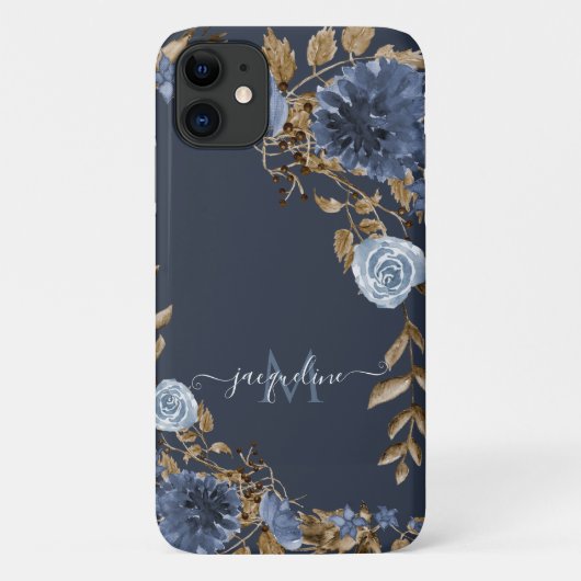 Floral Navy Dusty Blauer Eleganter Wasserfarbname Case-Mate iPhone Hülle (Rückseite)