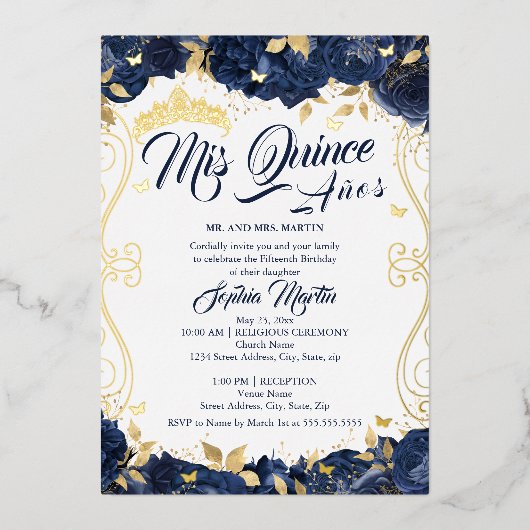 Floral Navy Garden Gold Mis Quince Quinceanera Folieneinladung (Vorderseite)