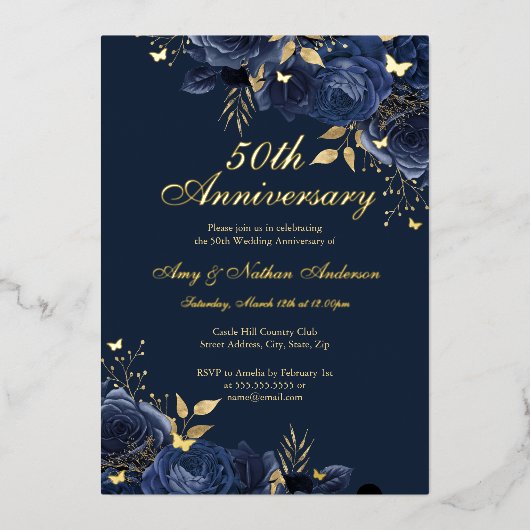 Floral Navy Gold 50. Hochzeitstag Folieneinladung (Vorderseite)
