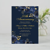 Floral Navy Gold 50. Hochzeitstag Folieneinladung (Stehend vorne)