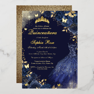 Floral Navy Gold Schmetterlingskleid Quinceanera Folieneinladung