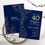 Floral Navy Gold Überraschung 40. Geburtstag Party Einladung<br><div class="desc">Blumenblau und Goldmedaille überraschen 40. Geburtstag Party Einladung. Minimalistisches modernes Design mit botanischen Akzenten und Typografie-Script-Schriftart. Einfache florale Einladungskarte perfekt für eine stilvolle weibliche Überraschung am Tag. Kann für jedes Alter angepasst werden.</div>