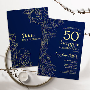 Floral Navy Gold Überraschung 50. Geburtstagsparty Einladung