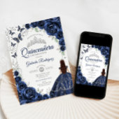 Floral Navy Silver Quinceanera Einladung
