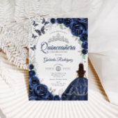 Floral Navy Silver Quinceanera Einladung