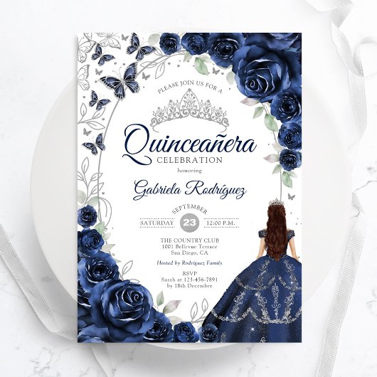 Floral Navy Silver Quinceanera Einladung