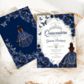 Floral Navy Silver Quinceanera Einladung