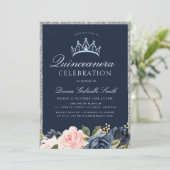 Floral Navy und Silber quinceanera Einladung (Stehend Vorderseite)